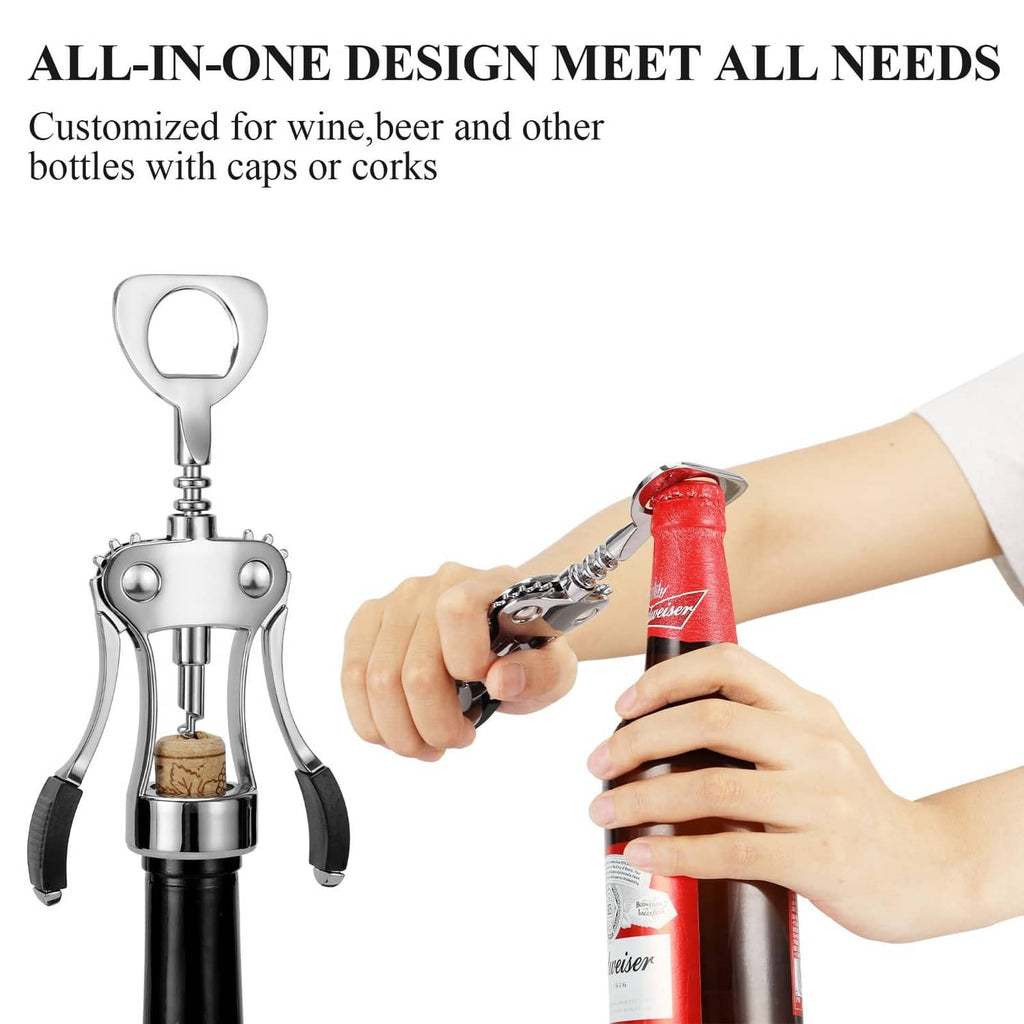 Wing corkscrew wine opener in use, pulling a cork from a wine bottle