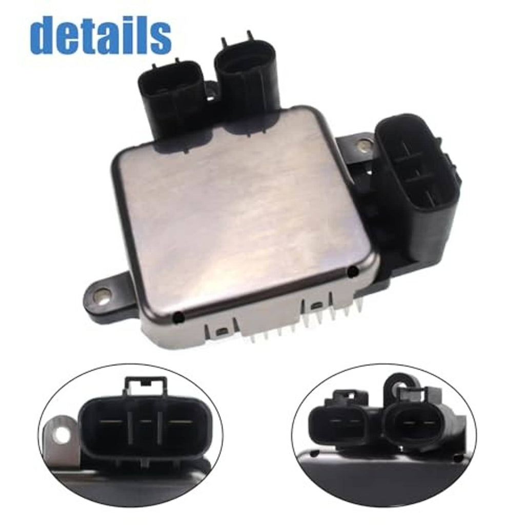 Radiator cooling fan control module with silver faceplate and multiple black electrical connectors