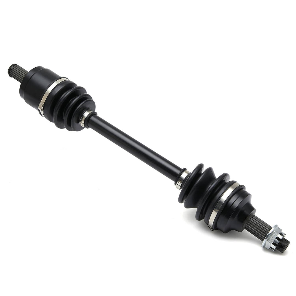 Angled view of black CV axle drive shaft with rubber boots and splined end