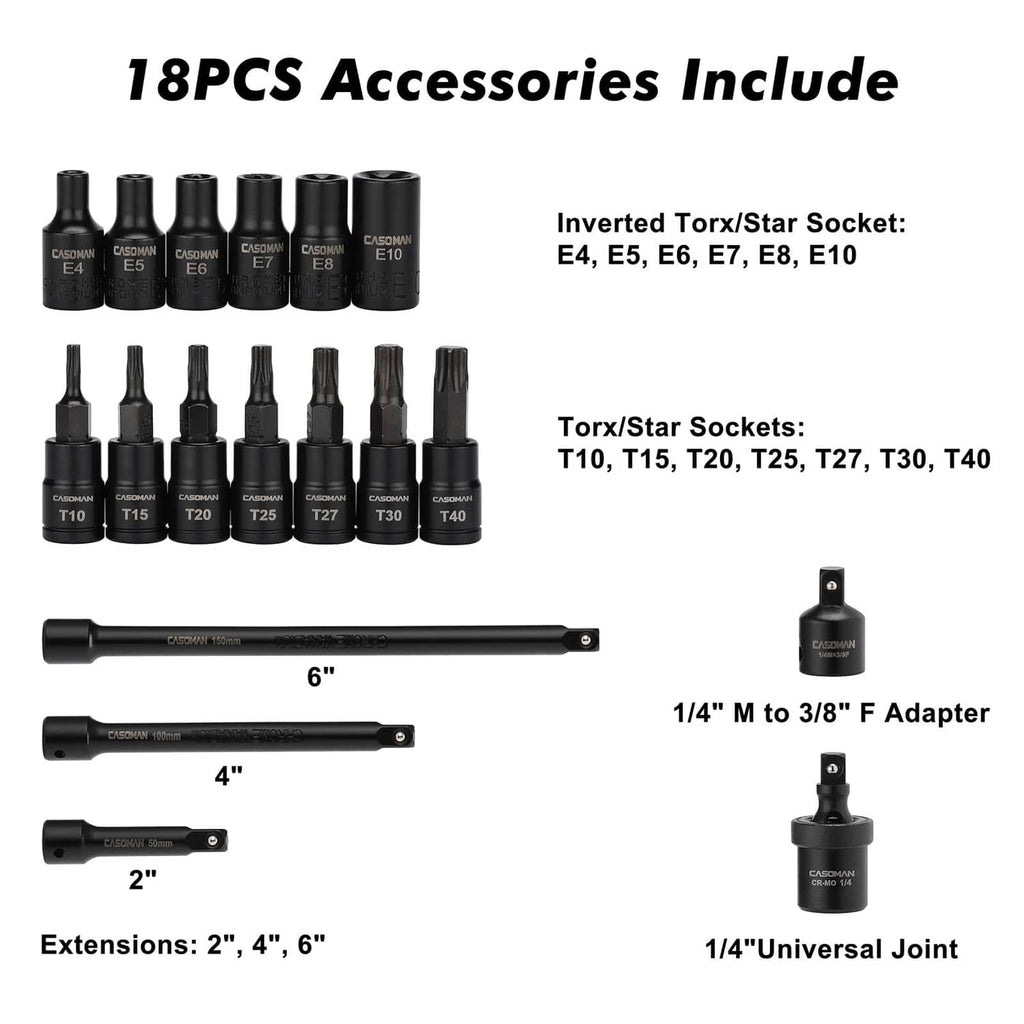 18-piece 1/4 in drive accessories set with adapters and extensions shown
