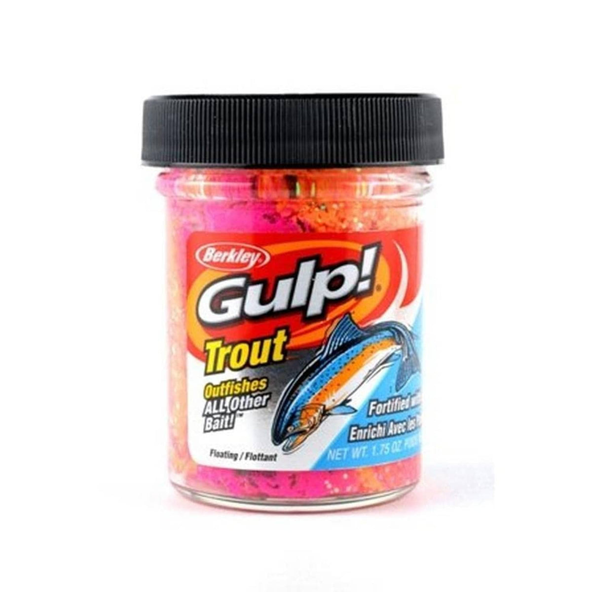 Berkley Gulp! Trout dough bait in clear jar with black screw cap