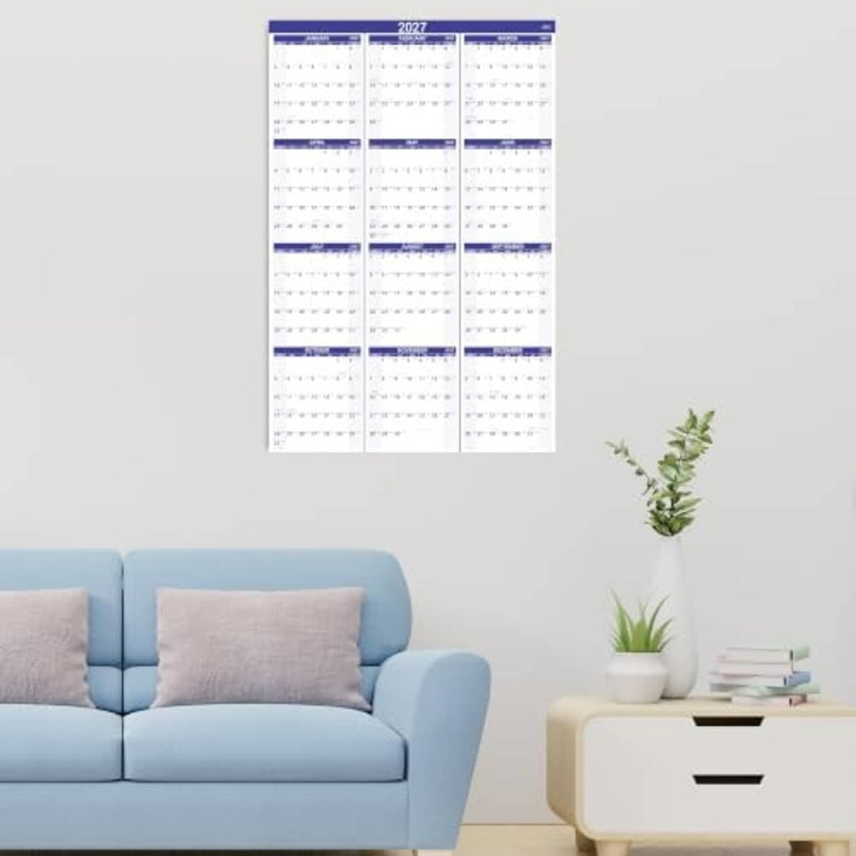 2027 purple wall calendar with 12 monthly grids and blue date bar accents