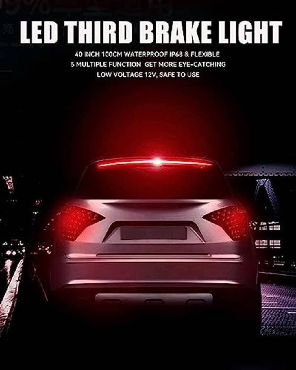 Red LED third brake light strip illuminated on vehicle rear