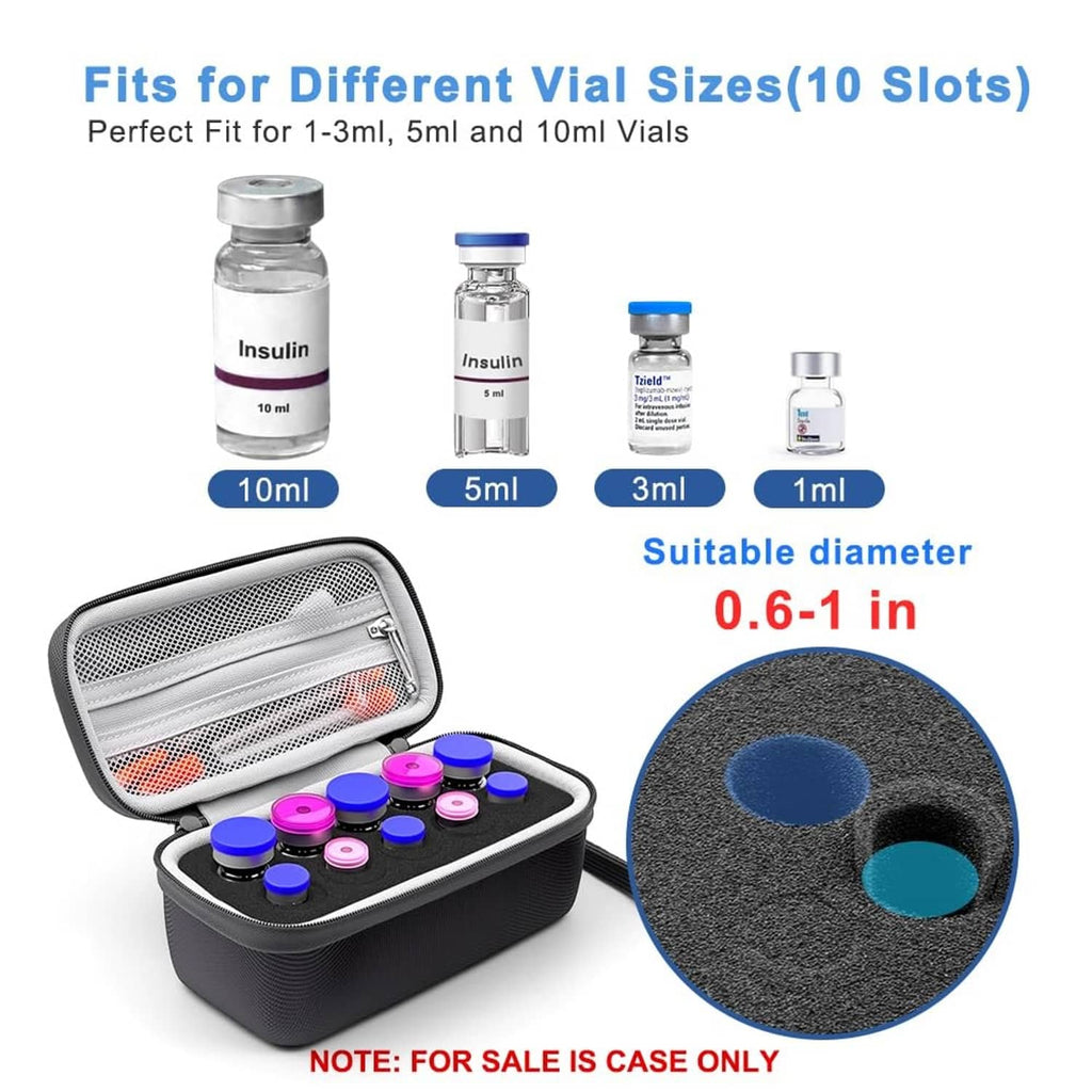 Open black insulin vial case with foam slots and capped vials with pink and blue tops