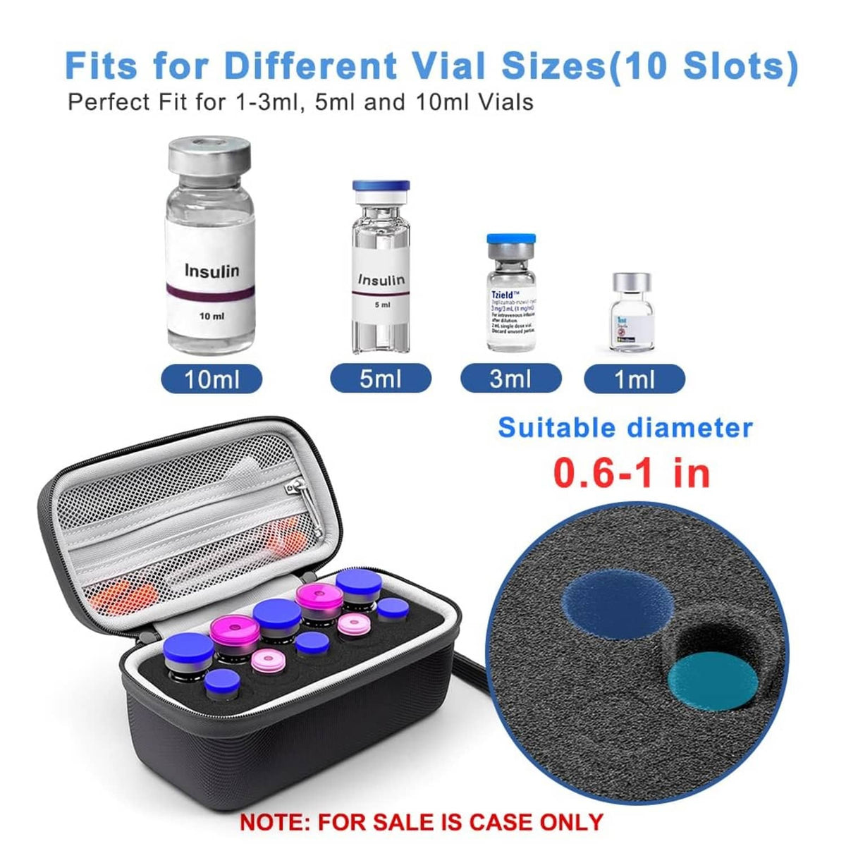 Open black insulin vial case with foam slots and capped vials with pink and blue tops