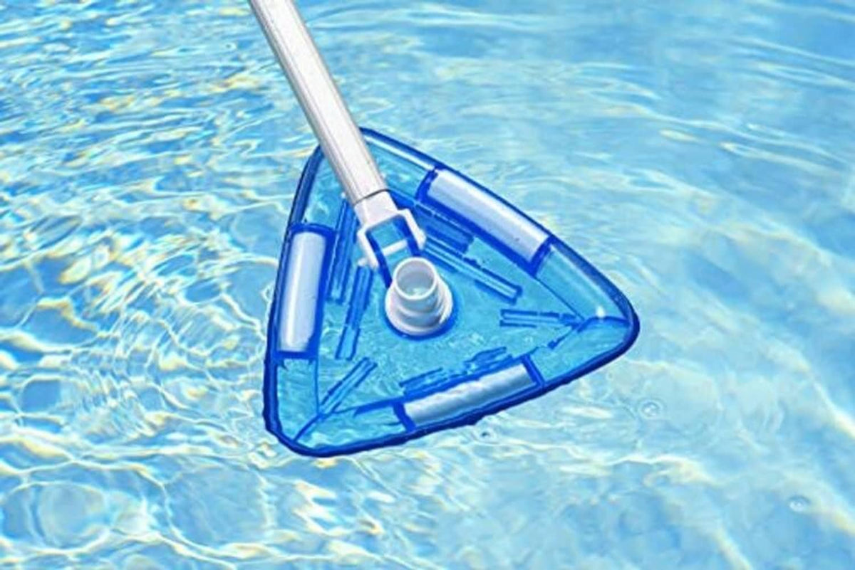 Triangle pool vacuum head in pool water with clear blue vinyl liner and white port