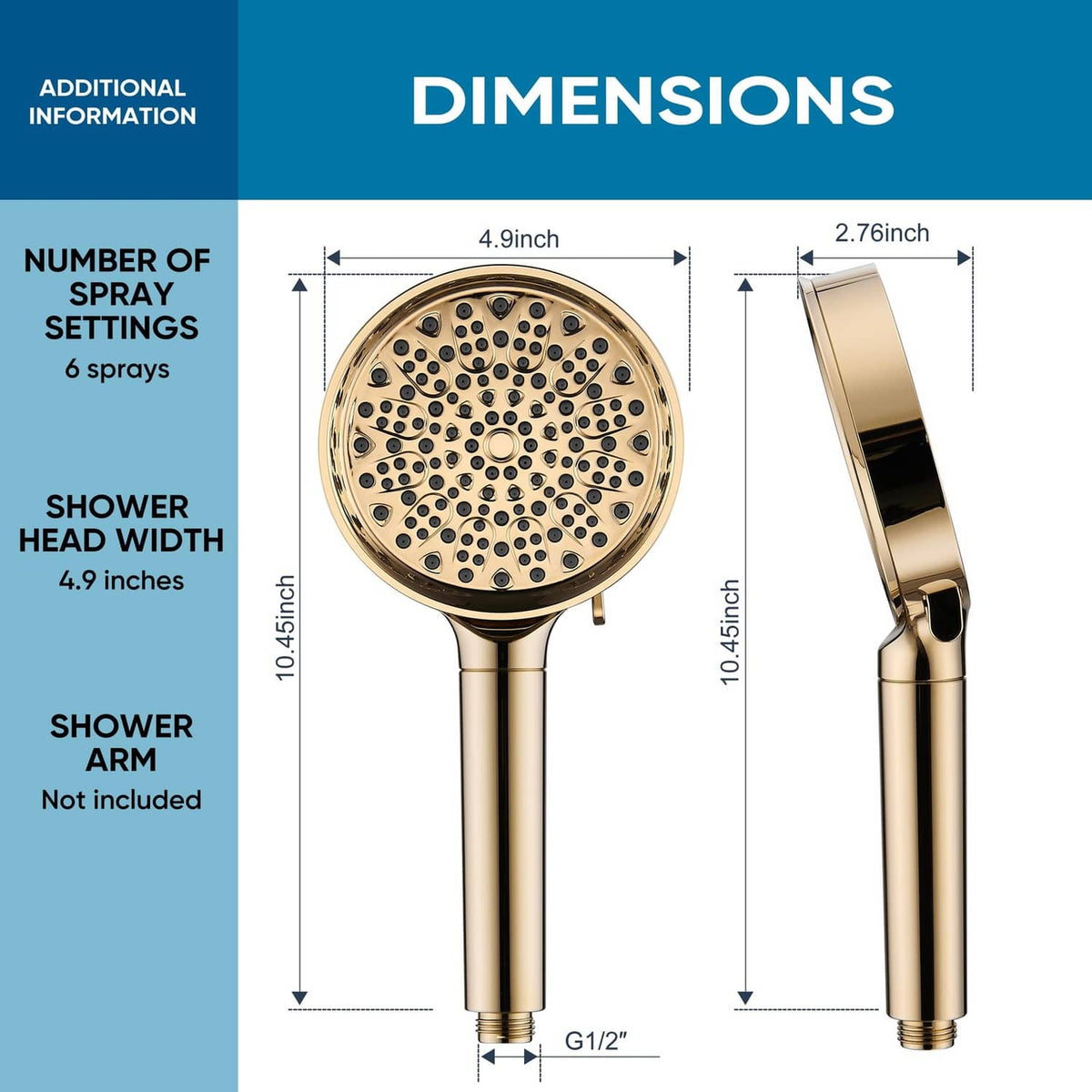 Gold handheld shower head dimensions diagram with spray face and arm length