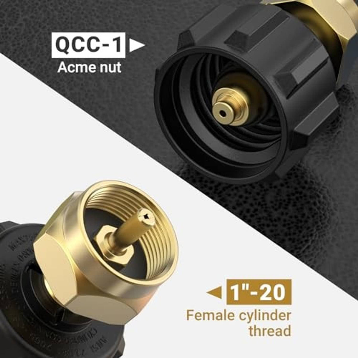 Propane refill adapter with QCC-1 nut and 1-20 female cylinder thread