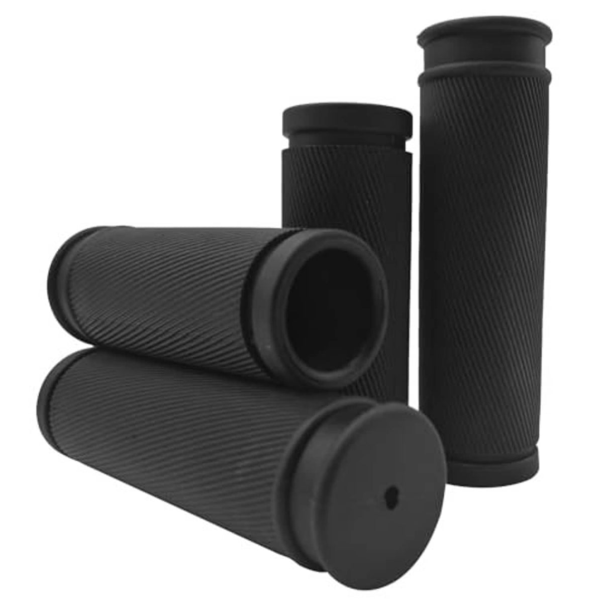 Black ribbed bike handlebar grip set with one visible cap end and upright grips