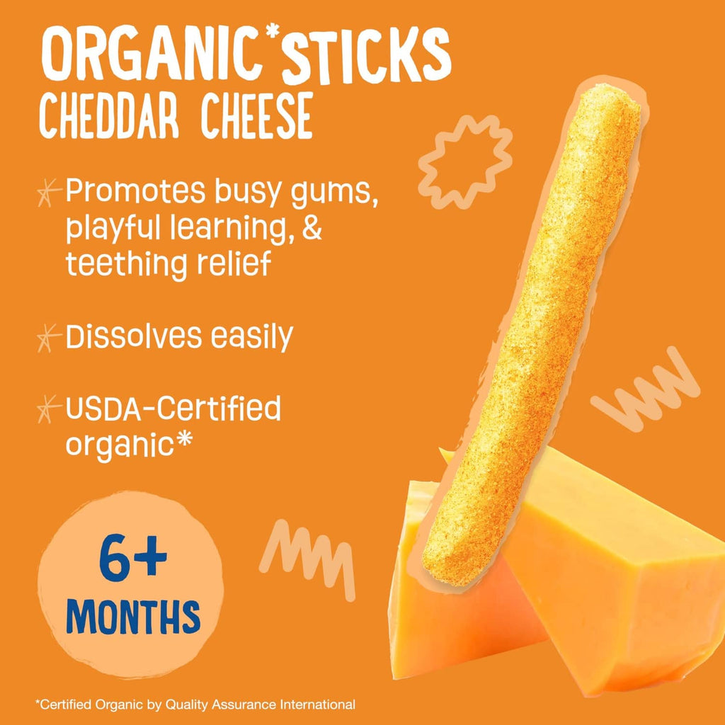 Organic crunchy cheddar teething stick with dissolves easily and USDA organic graphics.