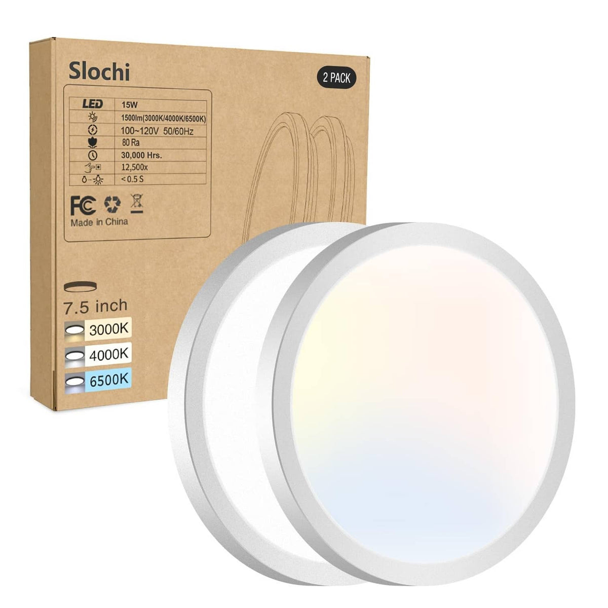 White LED flush mount ceiling light, ultra-thin round trim, 2-pack, with retail box