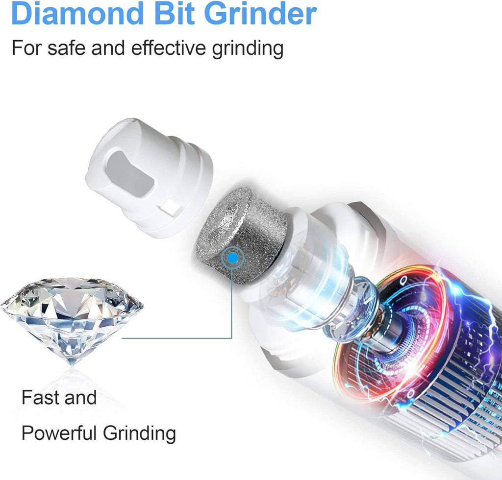 Diamond bit grinder attachment with rotating barrel and white handheld casing