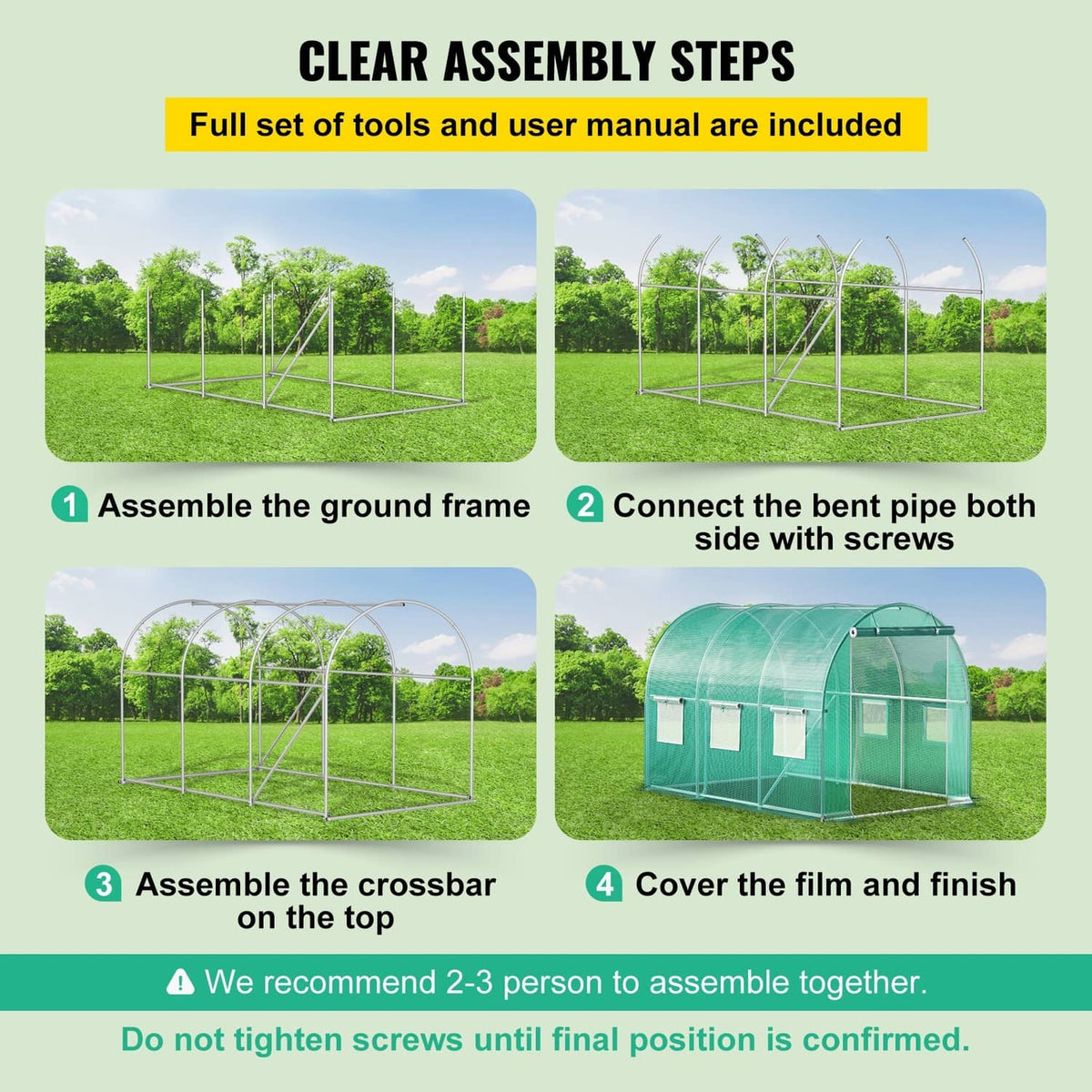 Tunnel greenhouse frame assembly steps with clear cover panels and metal ground frame