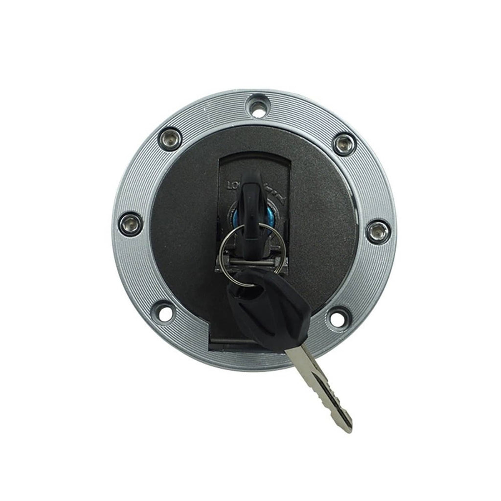 Gas cap ignition lock cylinder with two keys and round metal mounting plate