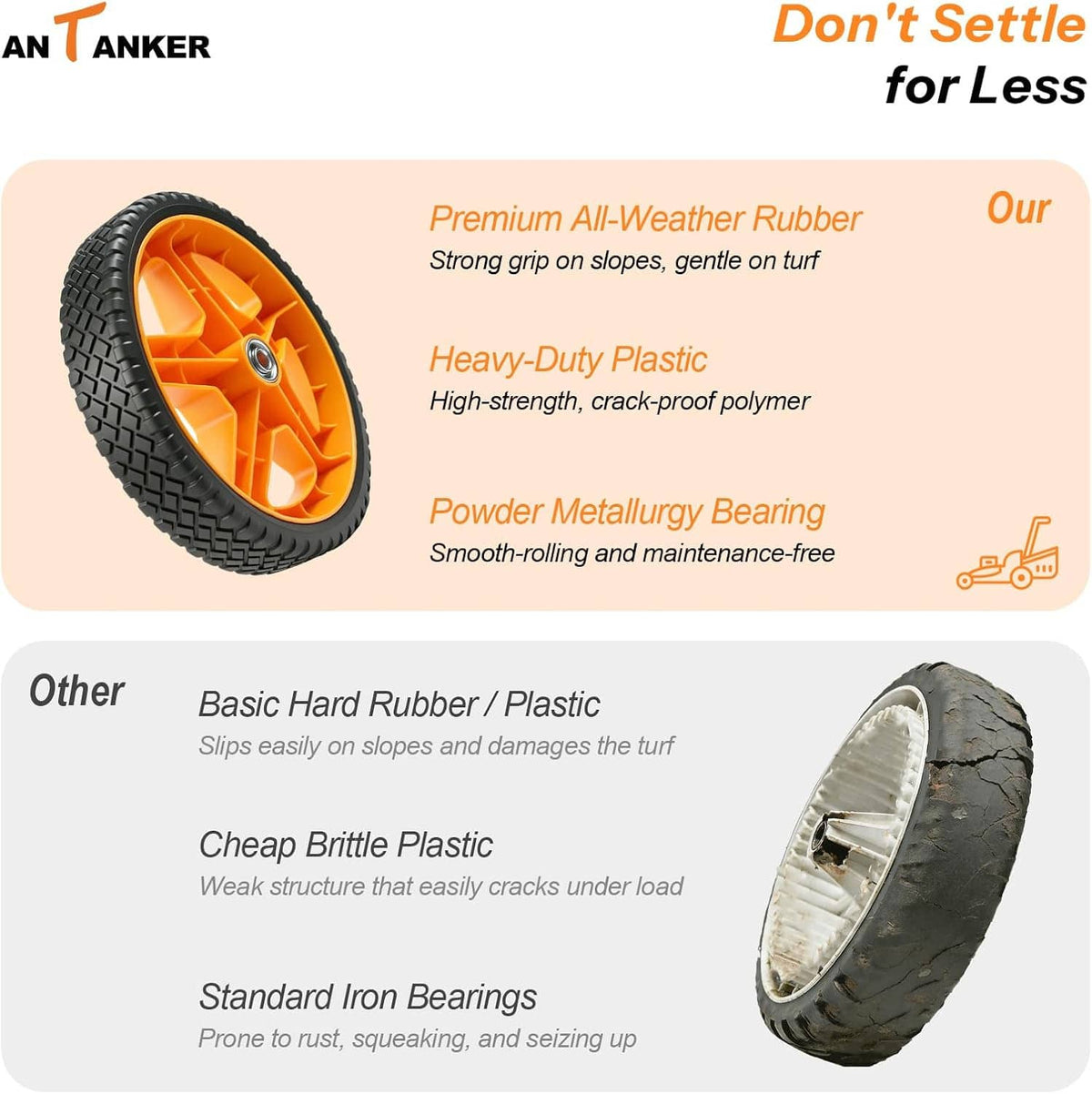 Orange all-weather mower wheel with black tire, hub, and bearing detail