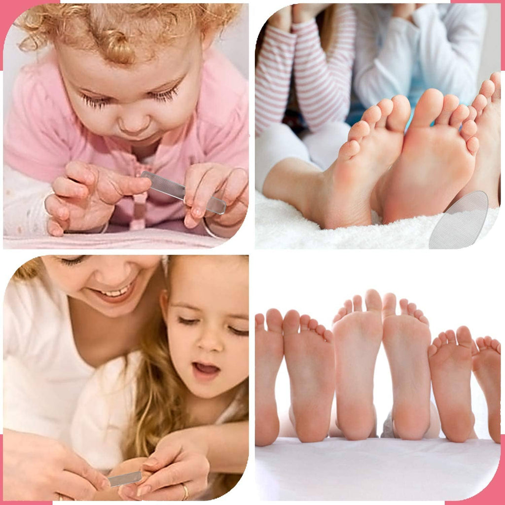 Children using a nail file on small toes; grooming tool for feet