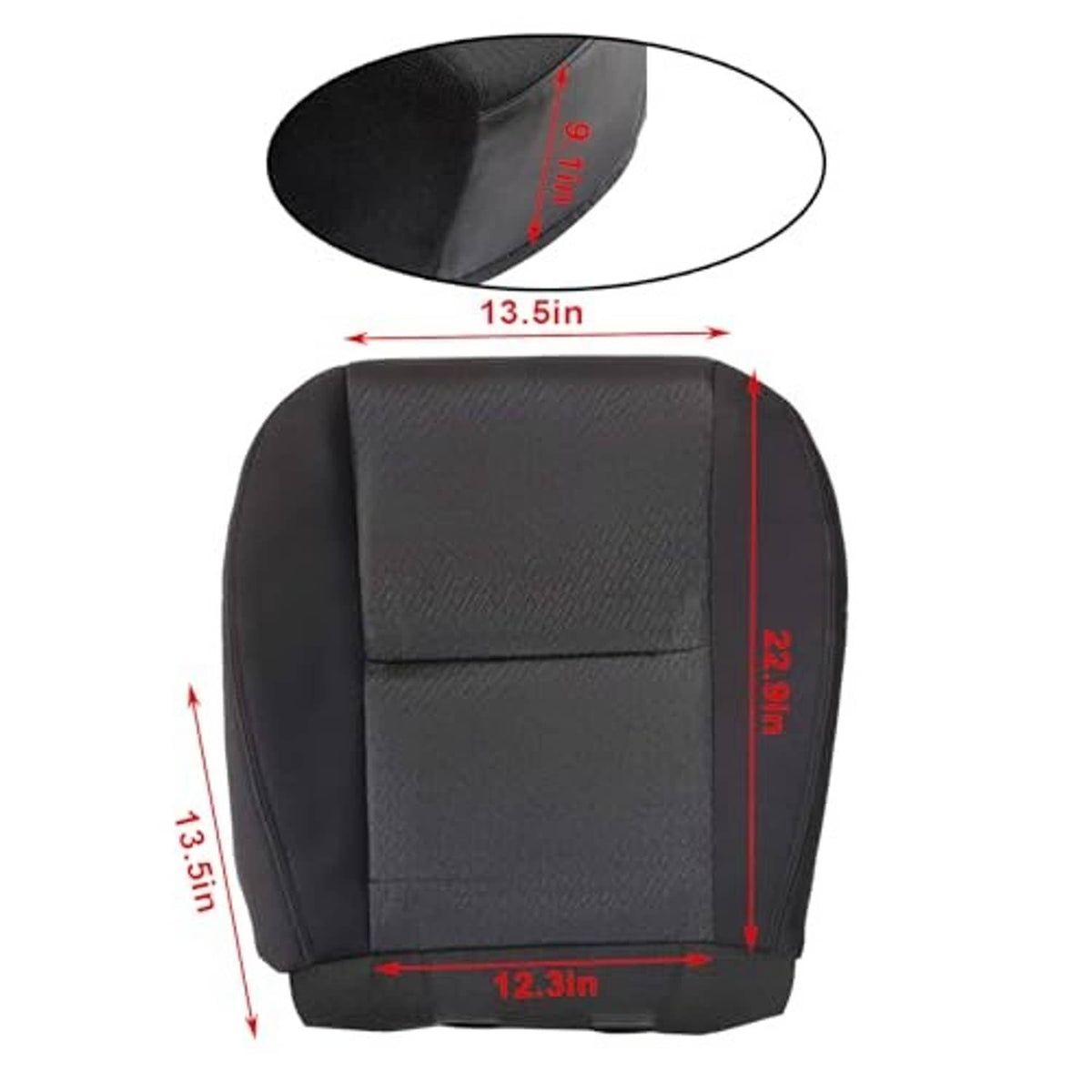 Black front driver seat cushion cover with stitched panels and size outline markings
