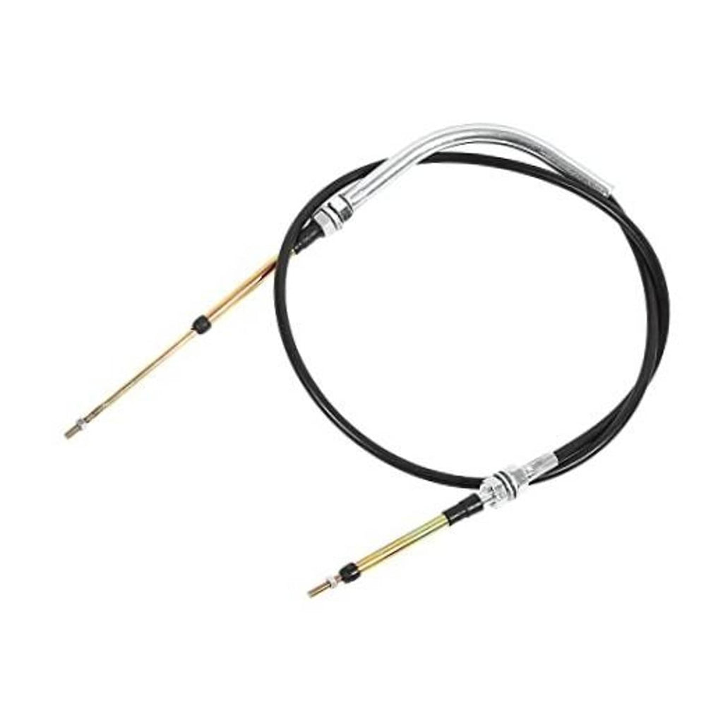 Transmission shift cable with black rubber jacket and gold inner wire, curved loop.