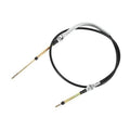 Transmission shift cable with black rubber jacket and gold inner wire, curved loop.
