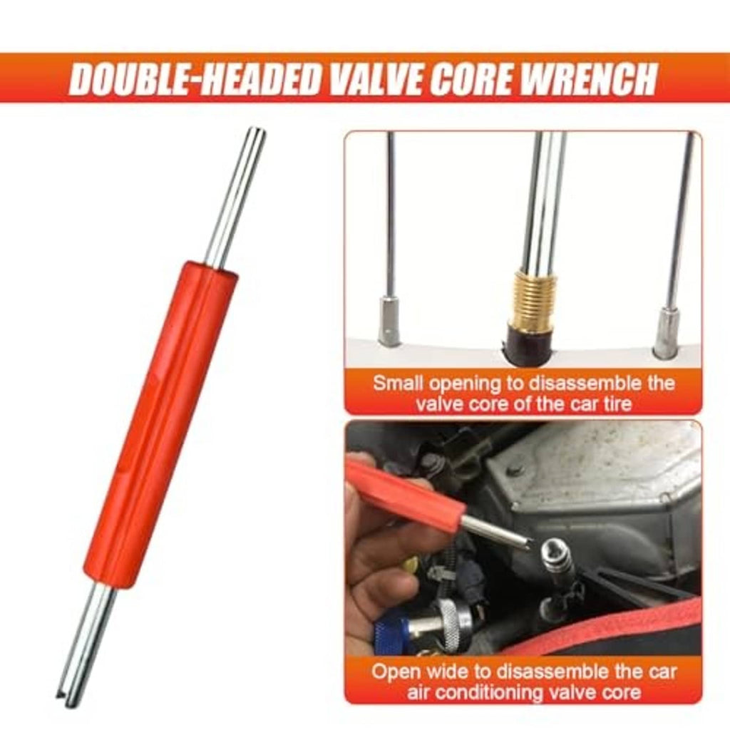 Double-headed valve core wrench with red grip and two metal prongs