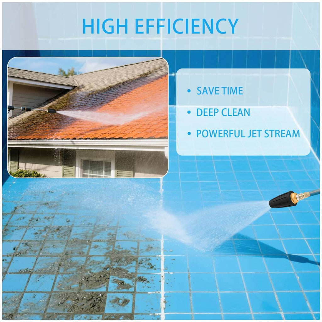 Turbo pressure washer nozzle tip spraying water jet on a tiled patio surface