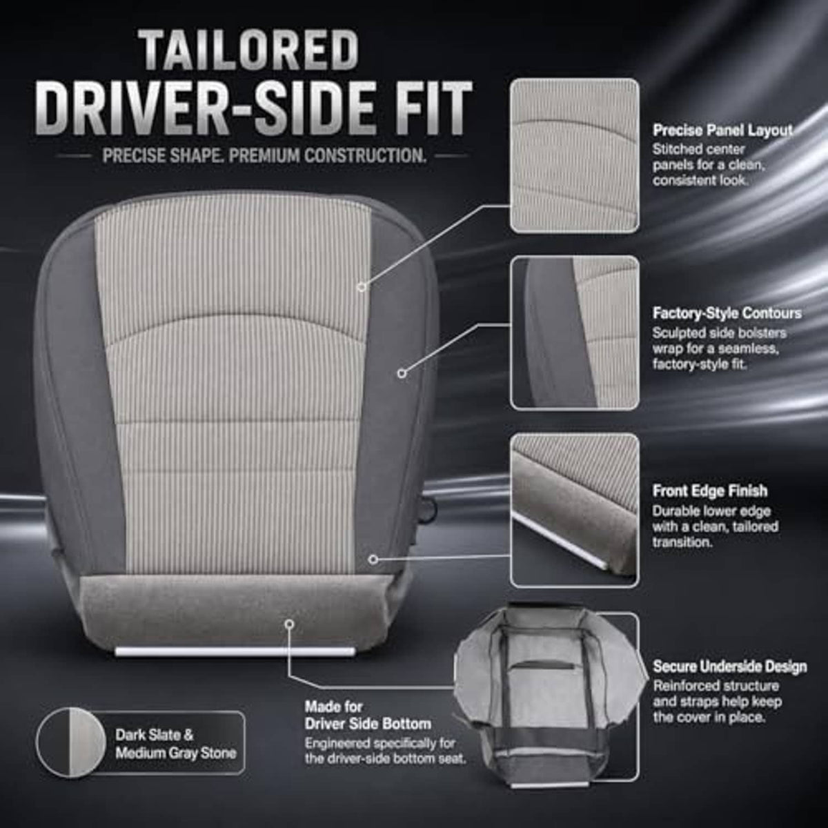 Tailored driver-side seat bottom cover with gray fabric center panel and dark side bolsters