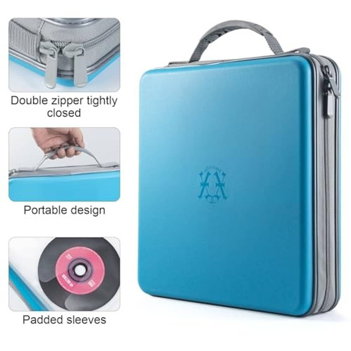 Sky blue CD case organizer with double zipper closure and padded inner sleeves detail.