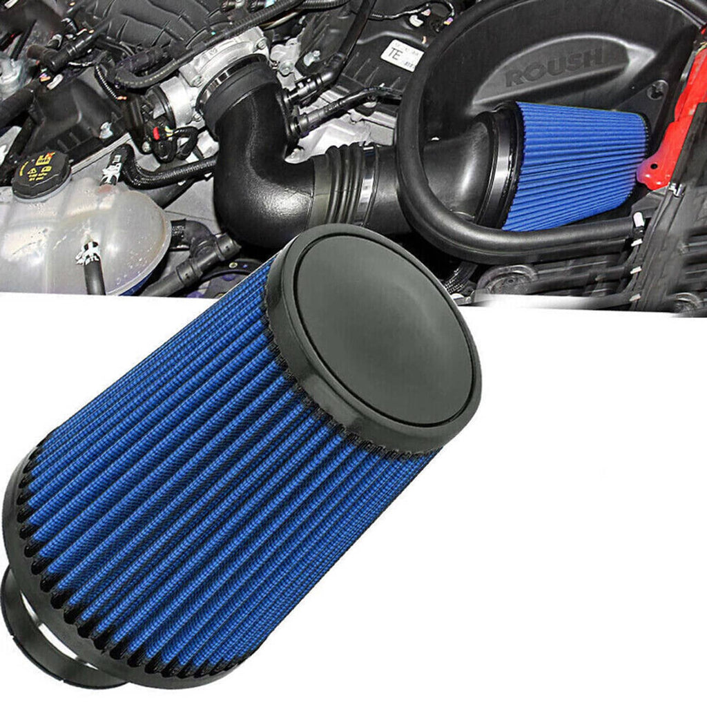 Blue pleated cone air filter with black end cover in engine bay