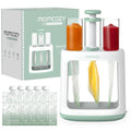 Baby food pouch filler squeeze station with three colored puree jars and pouch box