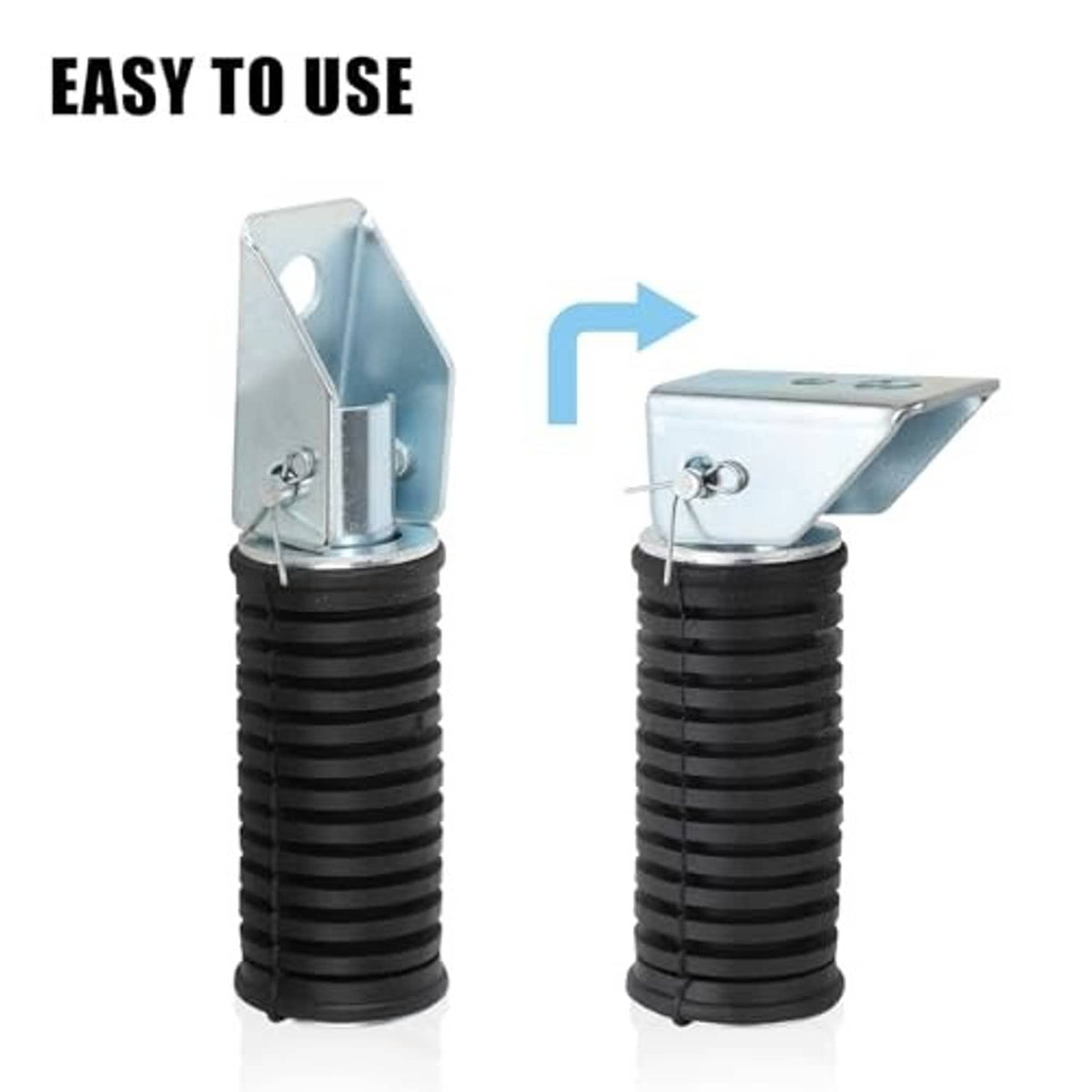 Folding mini bike foot pegs, black ribbed rubber with silver bracket in folded position