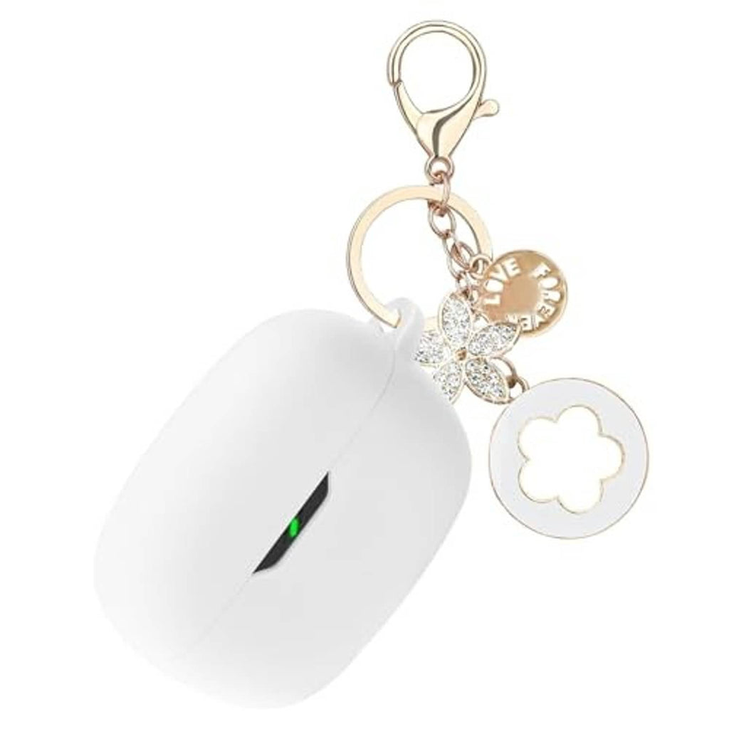White soft silicone earbud case cover with keyring clasp and decorative charms