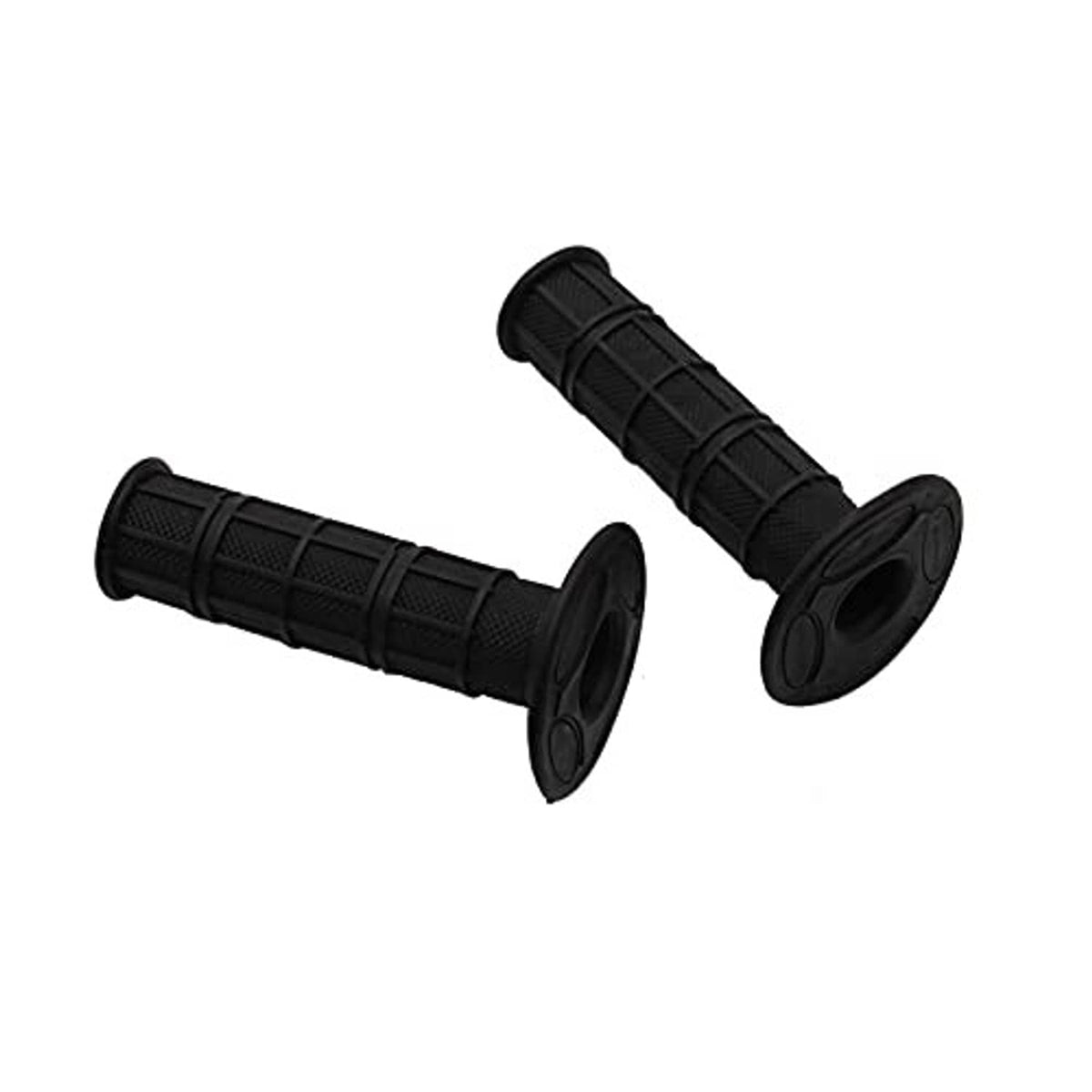 Pair of black rubber motorcycle handlebar grips with textured bands and flared end caps