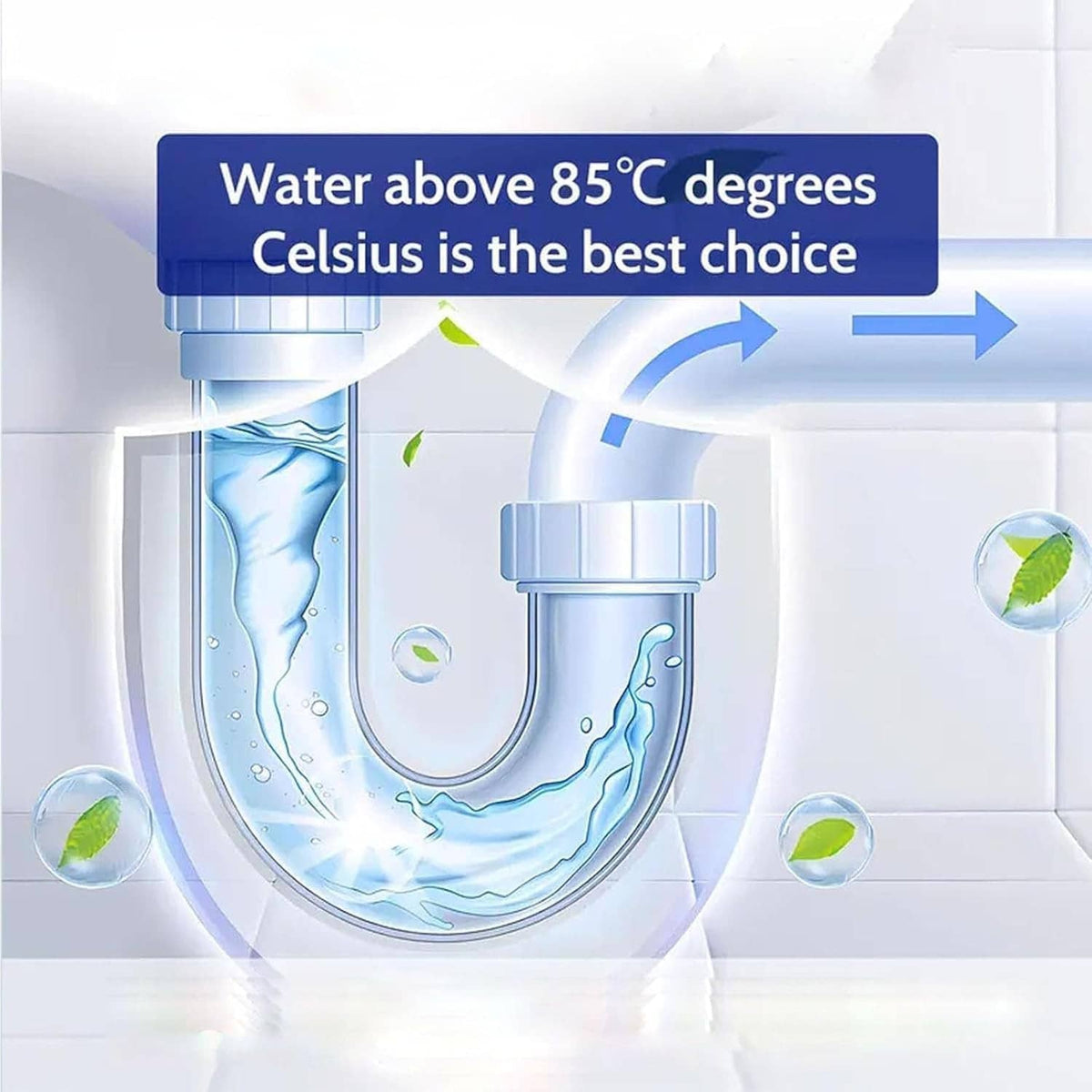 Toilet drain pipe illustration with blue water flow and a curved U-bend