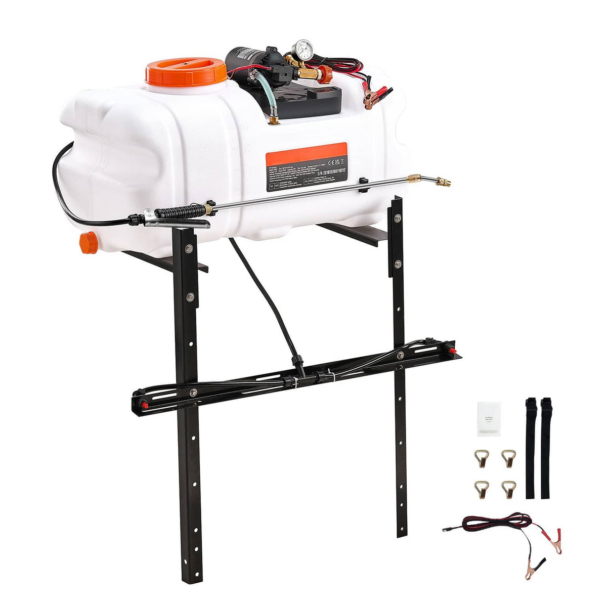 ATV/UTV spot sprayer with white tank, orange cap, and brass nozzle hose