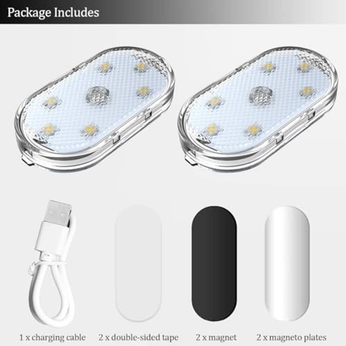 Car LED interior light kit with two oval lamps, charging cable, and mounting pads