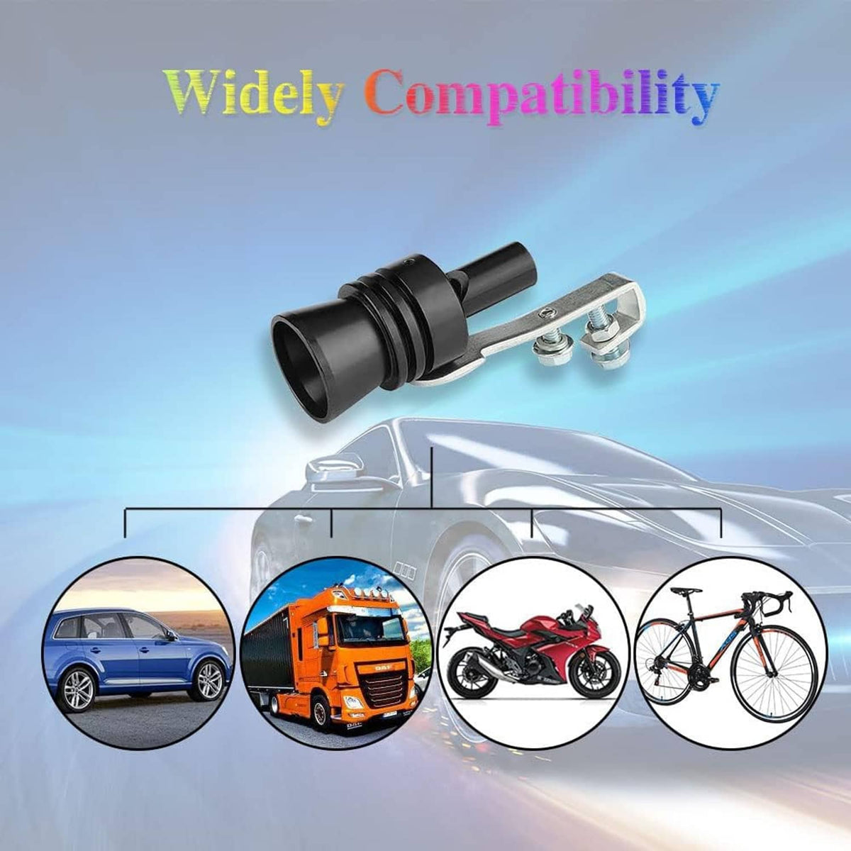 Black universal turbo whistle with metal mounting bracket and adjustable clamp bolts