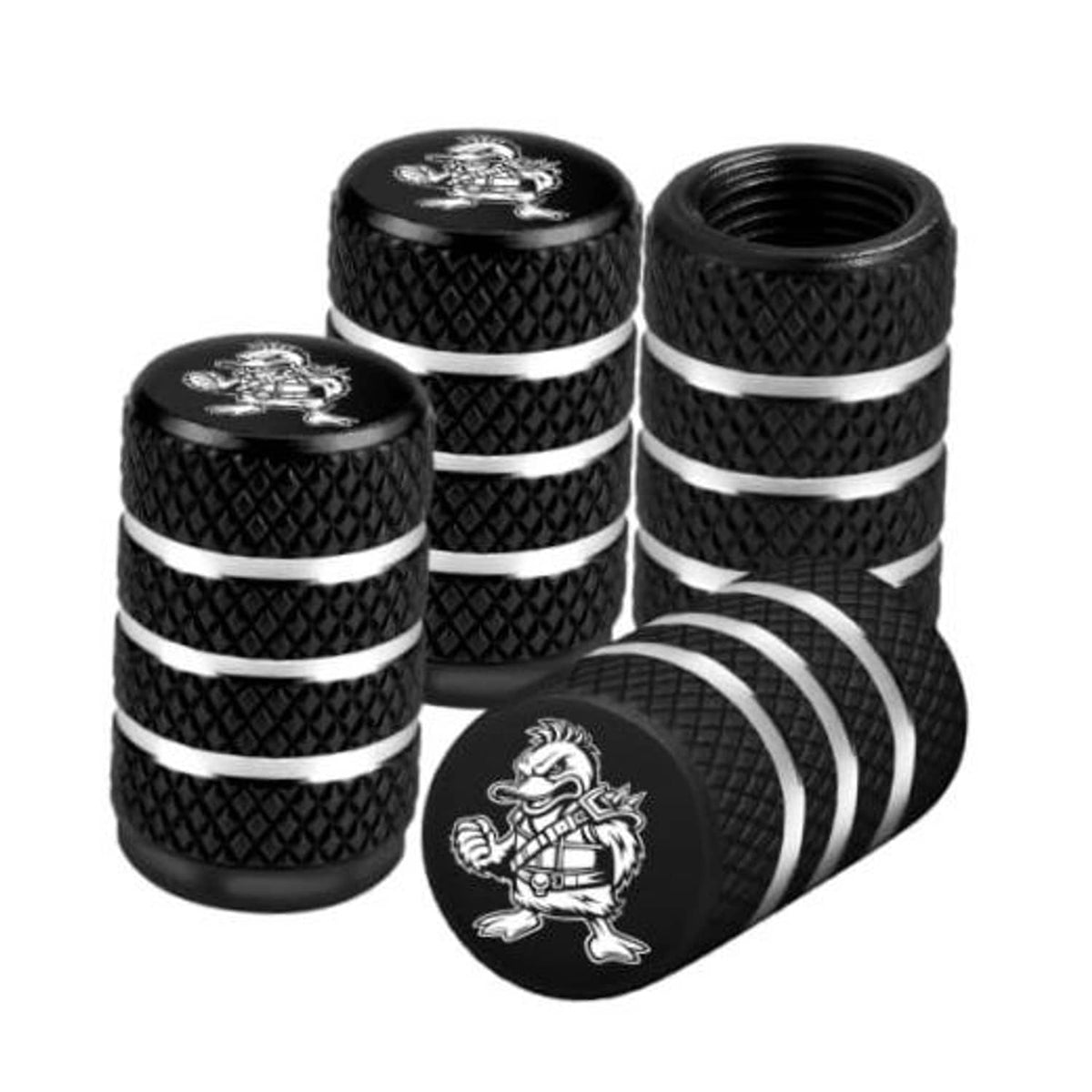 Set of black tire valve stem caps with duck emblem and silver bands (4-pack)