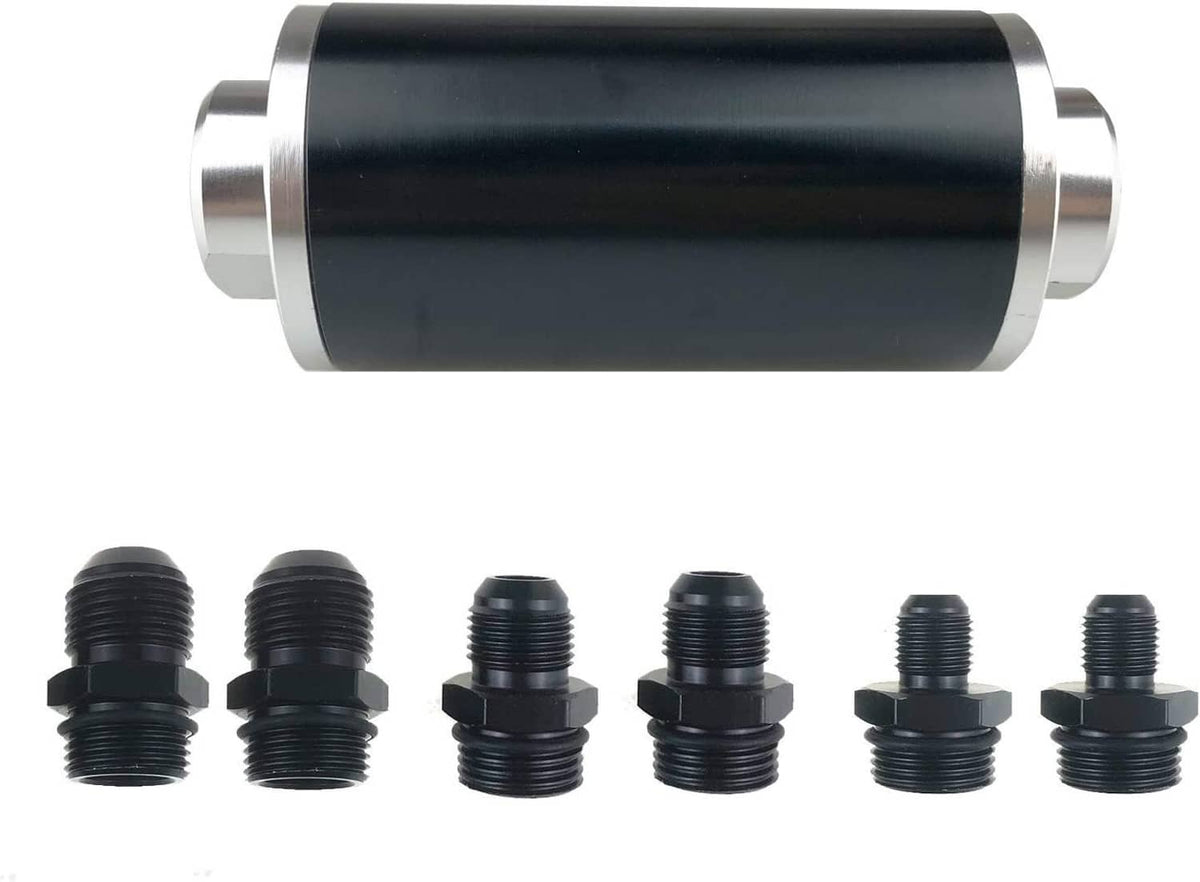 Black inline fuel filter canister with multiple AN inlet/outlet fittings shown