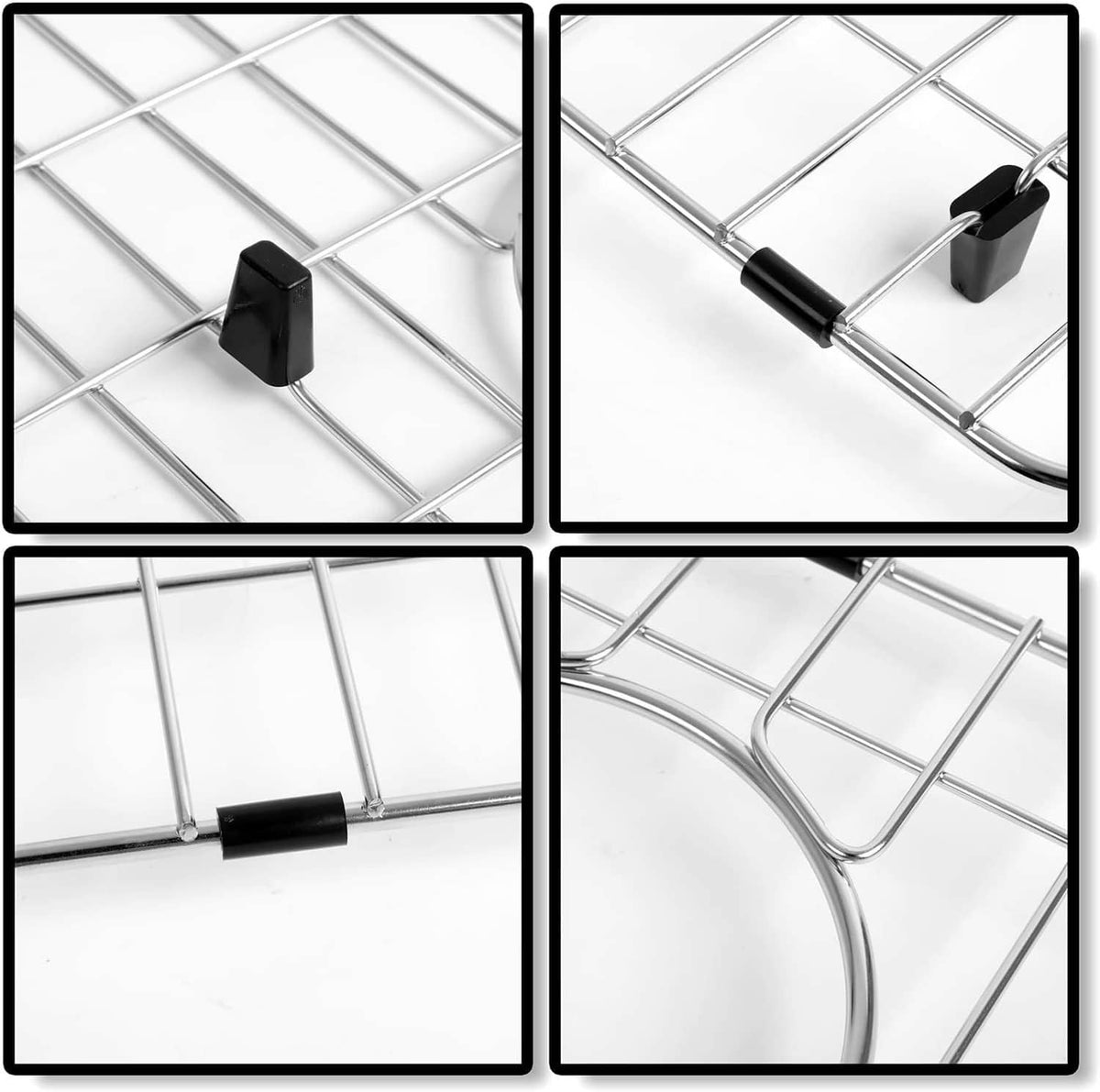 Stainless steel sink grid protector showing black end caps and corner clips