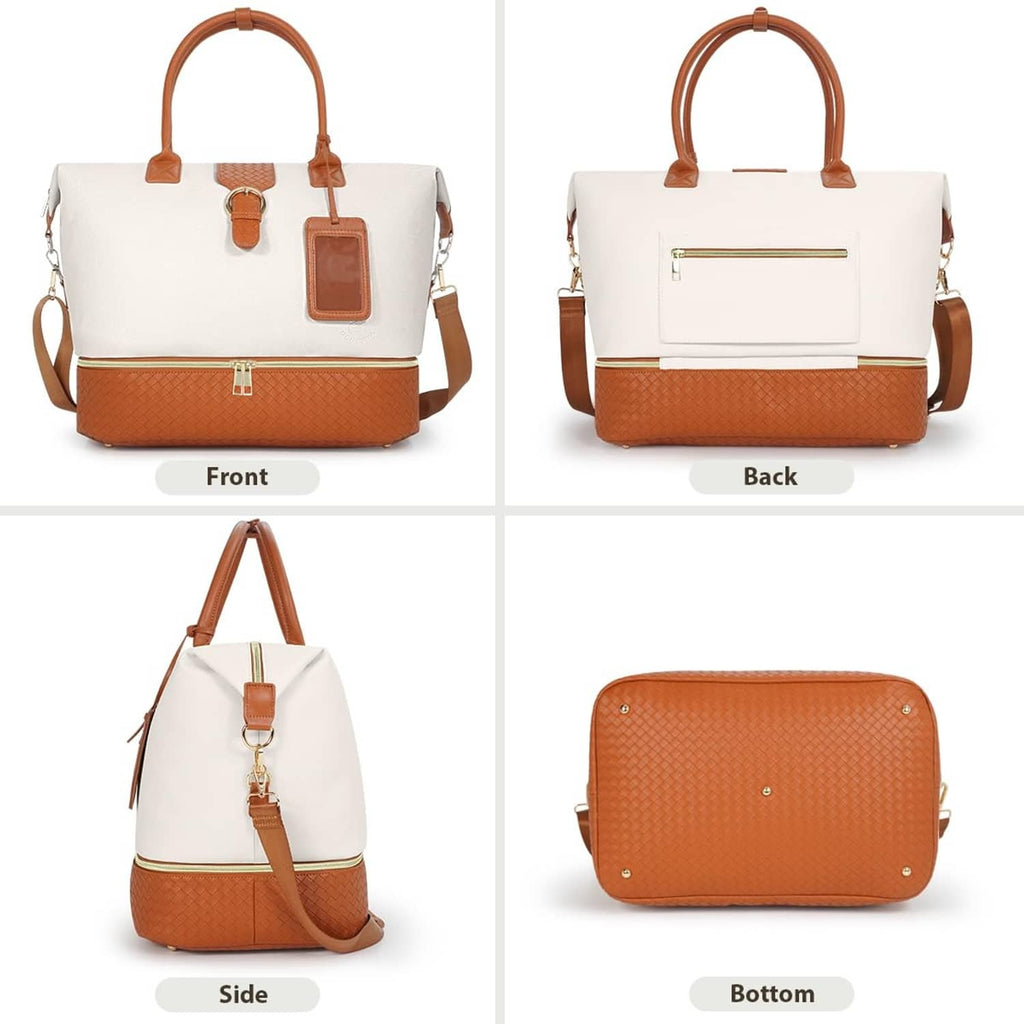 Vegan leather duffel shown in front, back, side, and bottom views in white and brown.