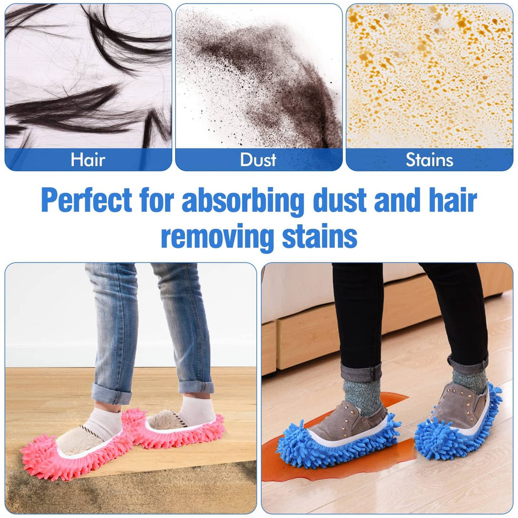 Microfiber mop slippers on shoes for absorbing dust, dirt, and hair from floors