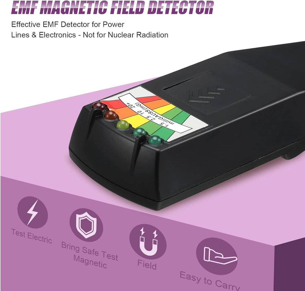 Black EMF magnetic field detector with colored test gauge and raised control panel