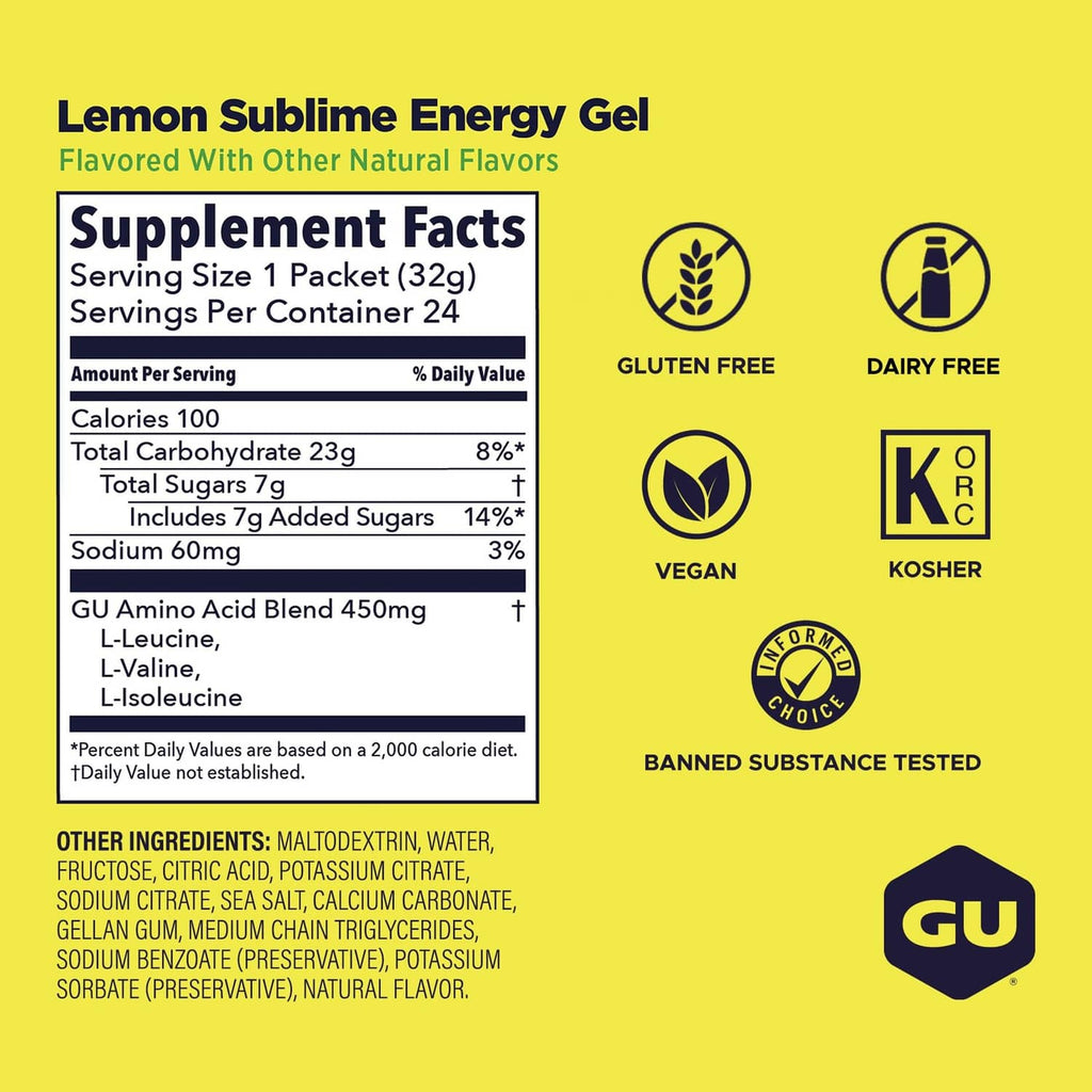 GU Energy Gel Supplement Facts, Lemon Sublime, serving size and ingredients panel