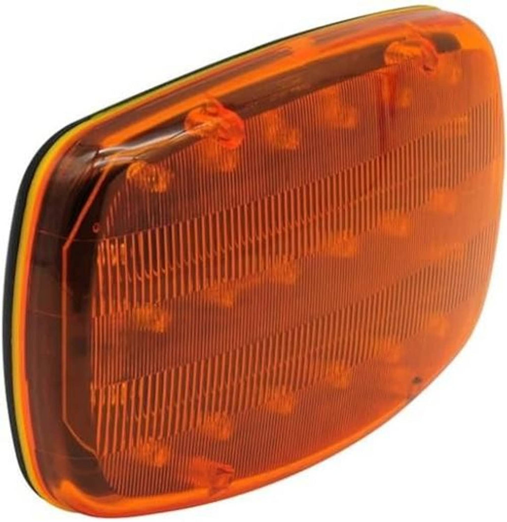 Amber LED magnetic warning light with side lens and corner housing detail.