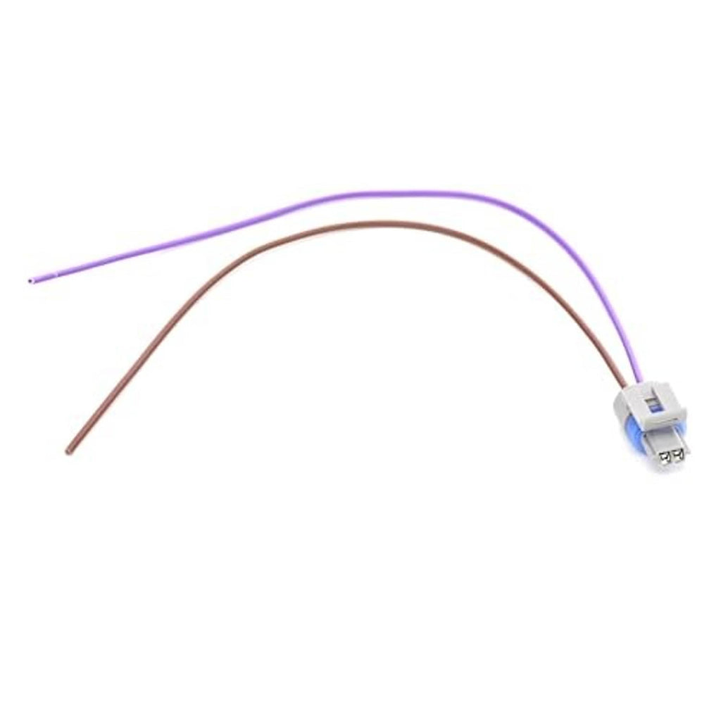 Sensor wiring connector pigtail with purple and brown leads and blue connector plug
