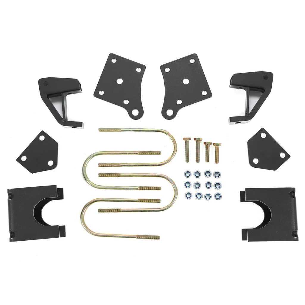 Golf cart axle lift kit components: black brackets, steel U-bolts, and hardware
