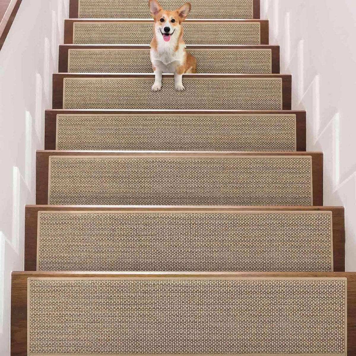 Beige woven stair tread carpet set with non-slip backing for wooden steps