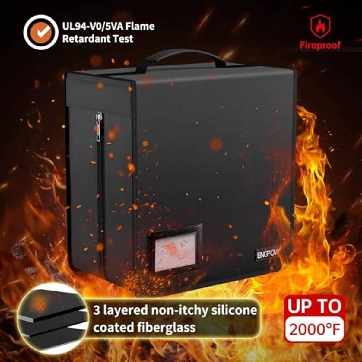 Black fireproof CD/DVD storage case with label window and logo badge on front