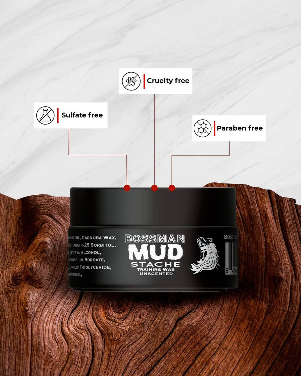 Mustache wax jar with cruelty-free and paraben-free badges shown above