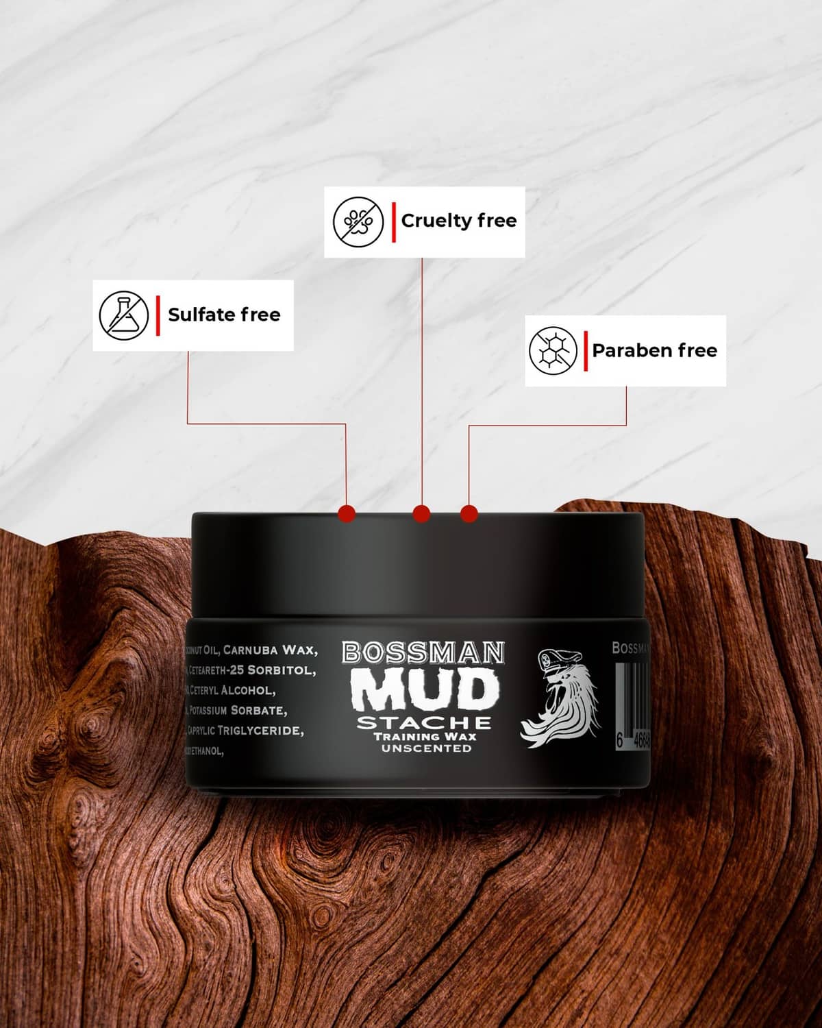 Mustache wax jar with cruelty-free and paraben-free badges shown above